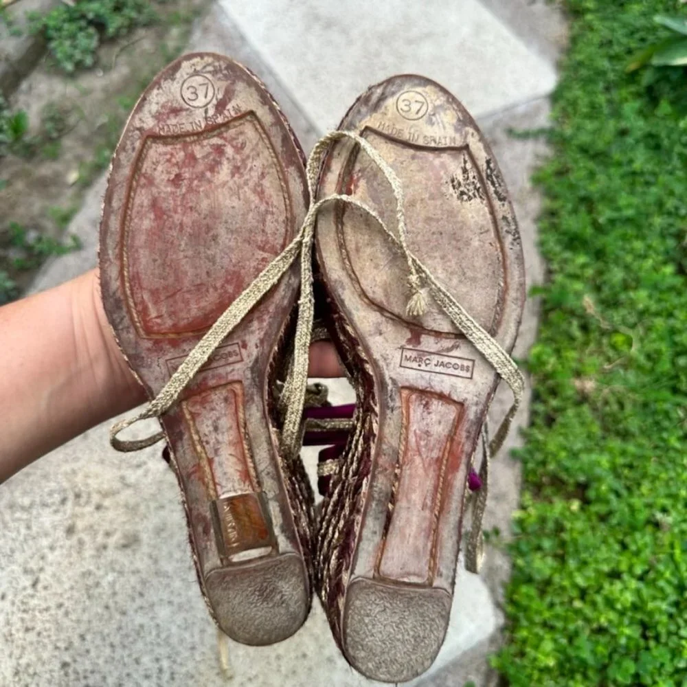 Marc Jacobs Women's Boho Purple Gold Peep Toe Espadrille Platform Shoes Size 37